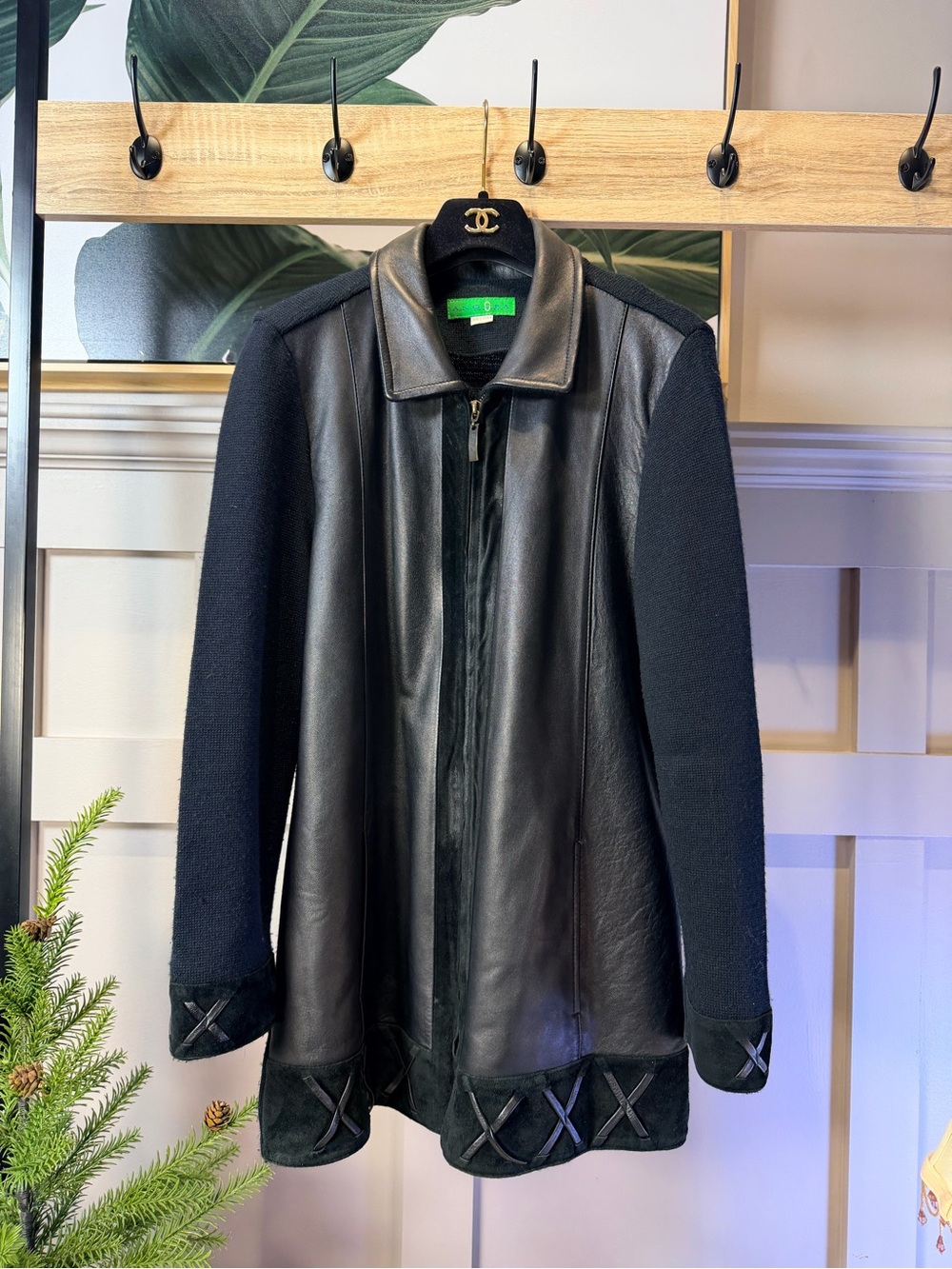 ANGORA sweaters Womens Jacket Medium Leather Panels Collar Knit Blazer Zip